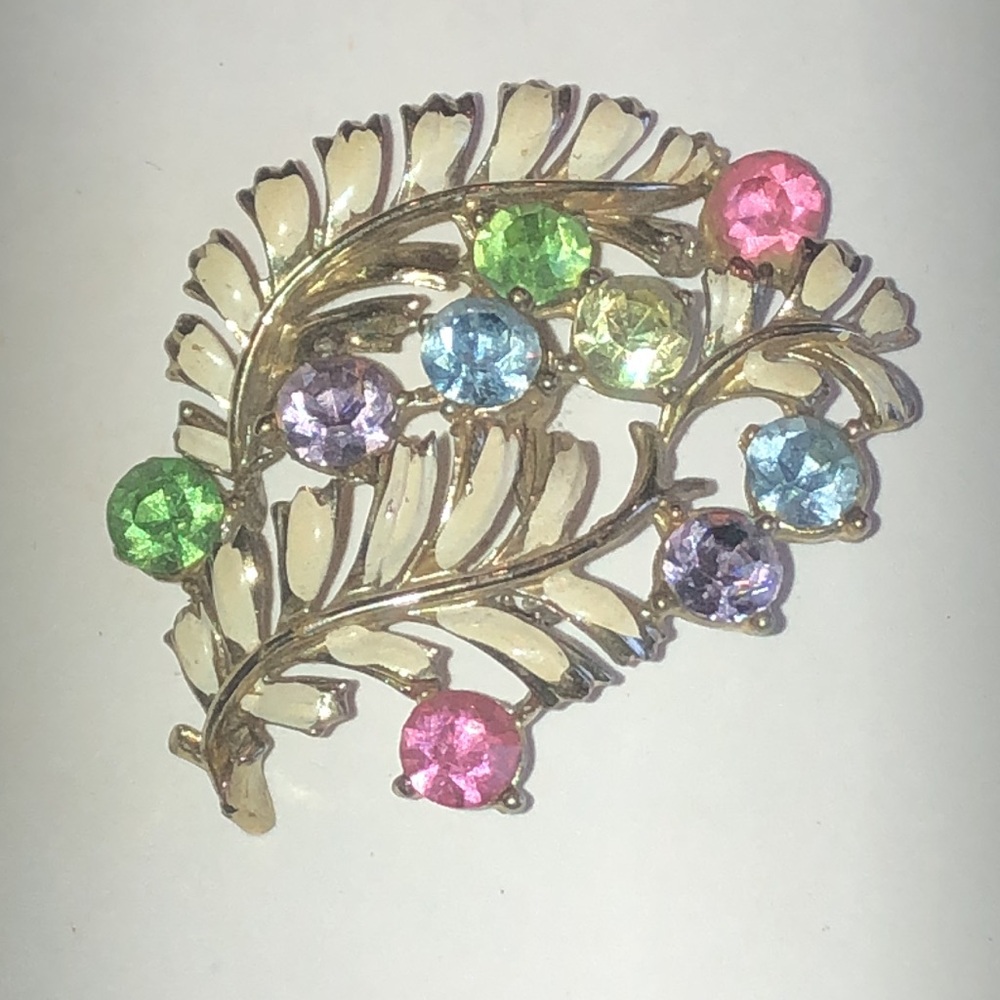 Vintage White Enamel Multicolor Crystal Leaf Brooch